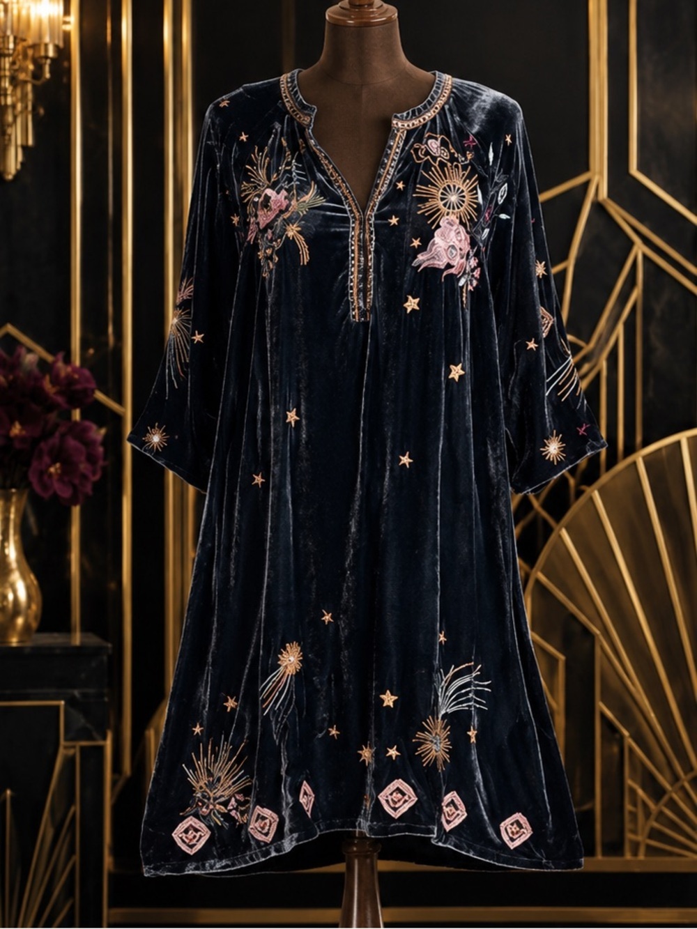 Johnny Was embroidered Selah Celestial Velvet Puff Sleeve Raglan Dress NWT RARE - Picture 8 of 16